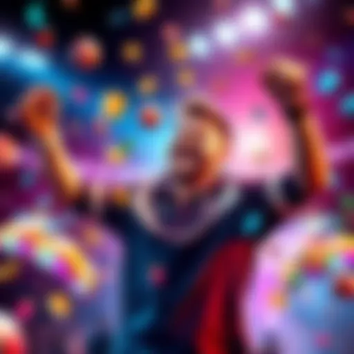 A happy player celebrating a victory from a multi-hit series in a game, surrounded by vibrant game symbols and a glowing background.