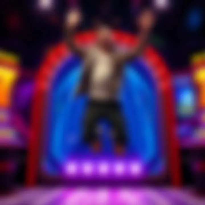 A joyful player jumps with excitement after winning in Plinko Expert Mode, with colorful game graphics in the background.