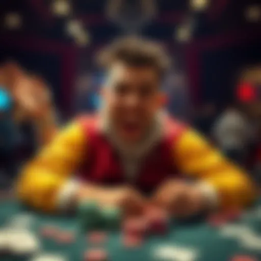 A player with a joyful expression celebrating a comeback victory in a poker game, surrounded by cards and chips