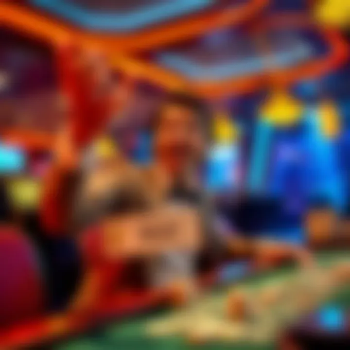 A joyful player holding a winning ticket and celebrating at a casino table