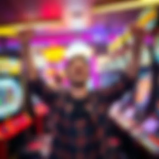 A person joyfully celebrating after winning $100 at a gaming machine, with bright lights and a sense of excitement in the background.