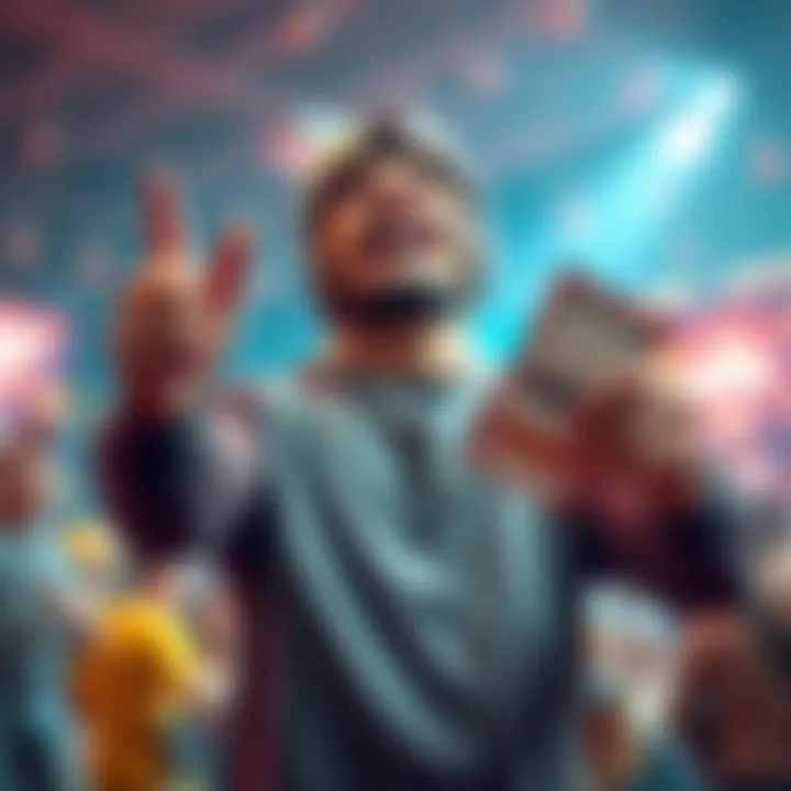 A happy player celebrating their $450 win with two winning tickets in hand.