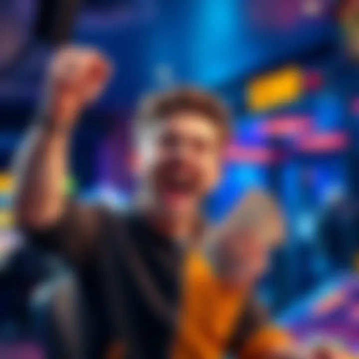 A person with a big smile, holding cash and showing excitement after winning at a game