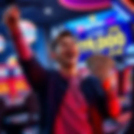 A person joyfully holding cash after winning at a game, with a screen displaying winnings in the background.