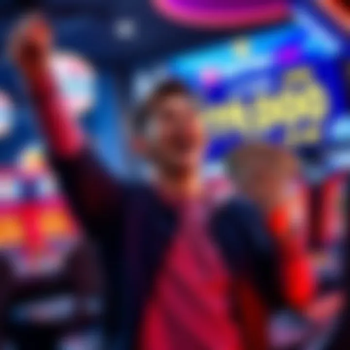 A person joyfully holding cash after winning at a game, with a screen displaying winnings in the background.