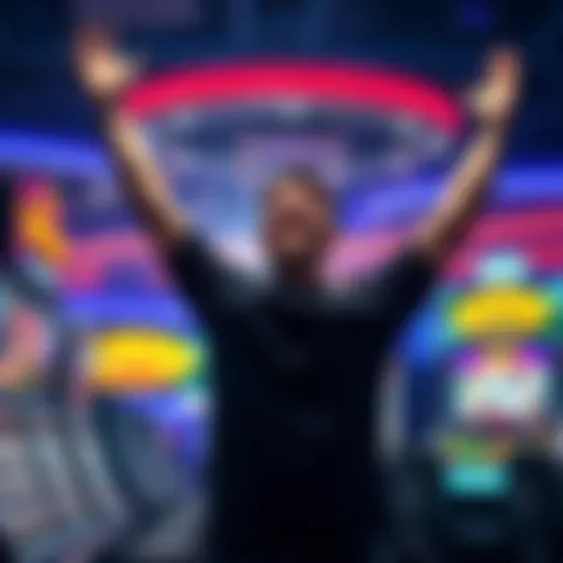 A happy player with arms raised in joy after winning a jackpot at a slot machine, with colorful lights in the background.