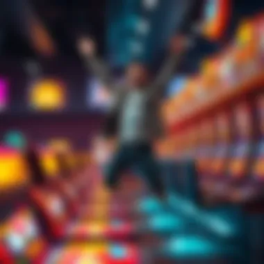 A person jumping for joy at a gaming station after winning a large prize