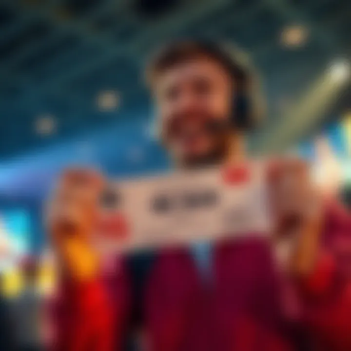 A person happily showing a winning ticket with a $5 bet