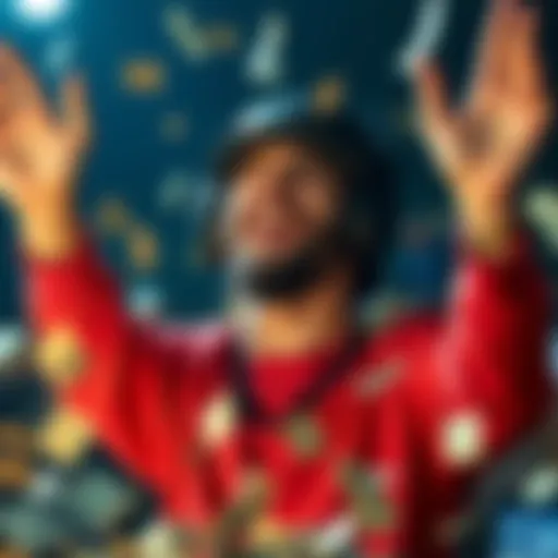 A person joyfully celebrating after winning a lottery with a smile and raised hands, surrounded by dollar bills, symbolizing unexpected luck.