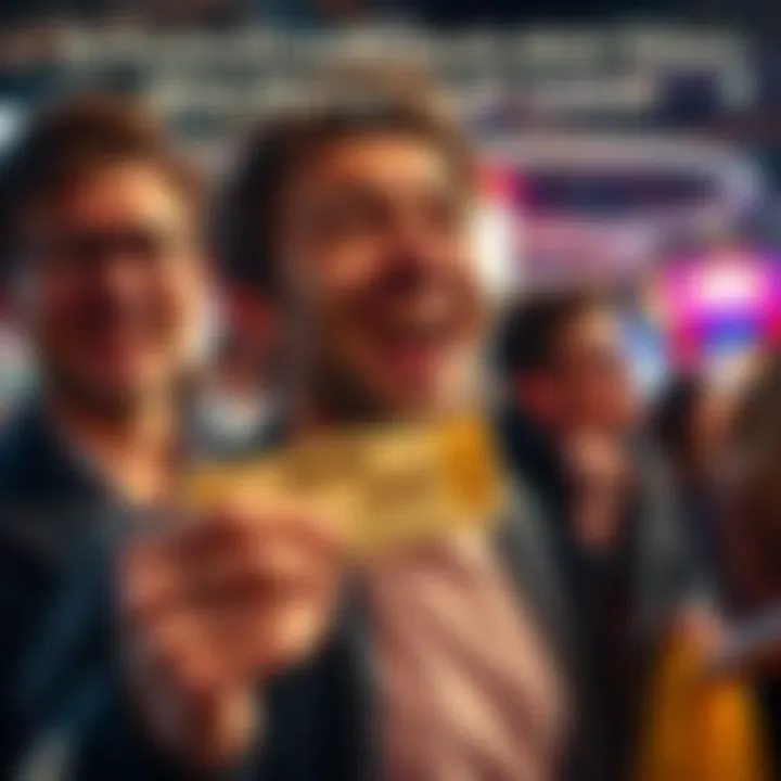 A joyful player smirking while holding a winning ticket, with frustrated people in the background.