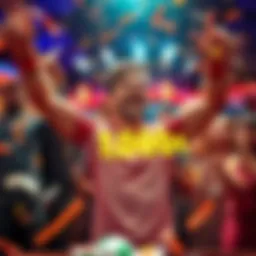 A joyful player celebrates winning 10,000 euros, surrounded by confetti and friends, showcasing excitement and happiness.