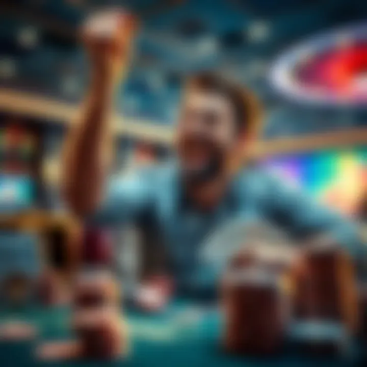 Player celebrating a win A happy player celebrating a significant win at a casino table, surrounded by chips and cards, showing excitement and triumph.