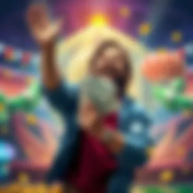 Player celebrating a big win A happy person holding a large amount of cash, celebrating a successful gambling win.