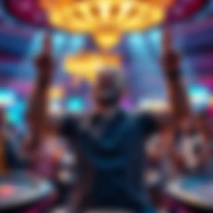 A thrilled player with hands raised in excitement after winning a large gambling prize, surrounded by cheering friends in a vibrant casino setting.