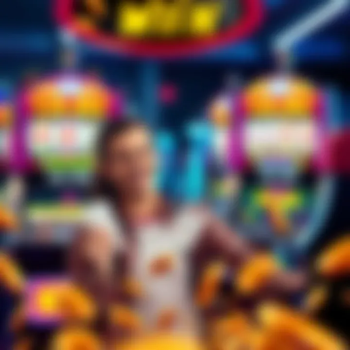 A joyful player stands in front of a slot machine, holding a winning ticket and smiling broadly, with colorful lights and coins around them.