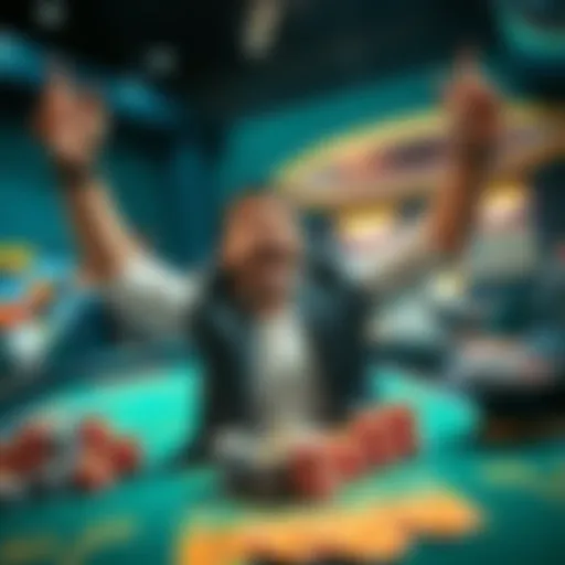 A happy player celebrating after winning $9,000 at the Oxford Casino, surrounded by casino chips and a craps table.