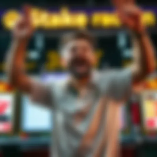 A happy player celebrating their winnings after getting back lost bets plus interest from Stake, with Plinko game in the background.
