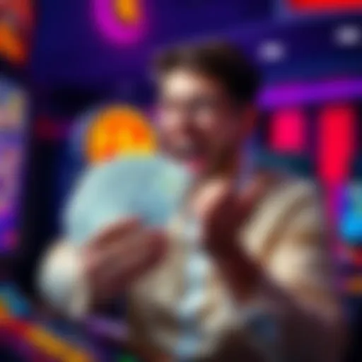 Player celebrating winnings A happy player holding a stack of cash after winning a game, with a gaming console in the background