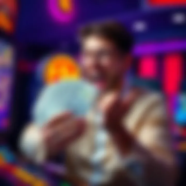 Player celebrating winnings A happy player holding a stack of cash after winning a game, with a gaming console in the background
