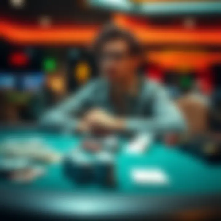 A person sitting at a casino table with poker chips and cash, looking thoughtful about their gambling decisions