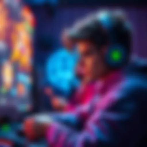 A gamer focused on collecting points while playing on their console, with colorful graphics in the background.