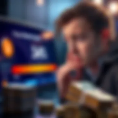 A person looking confused while checking their betting progress on a screen. The progress bar shows 34% towards Silver. Nearby, there are stacks of cash indicating the betting amounts.