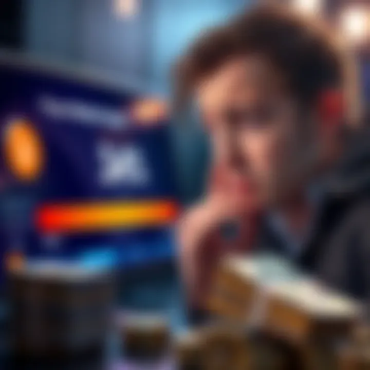 A person looking confused while checking their betting progress on a screen. The progress bar shows 34% towards Silver. Nearby, there are stacks of cash indicating the betting amounts.
