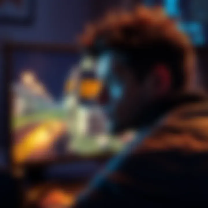 A gamer looks thoughtfully at a computer screen displaying CS2, showing mixed emotions about the game.