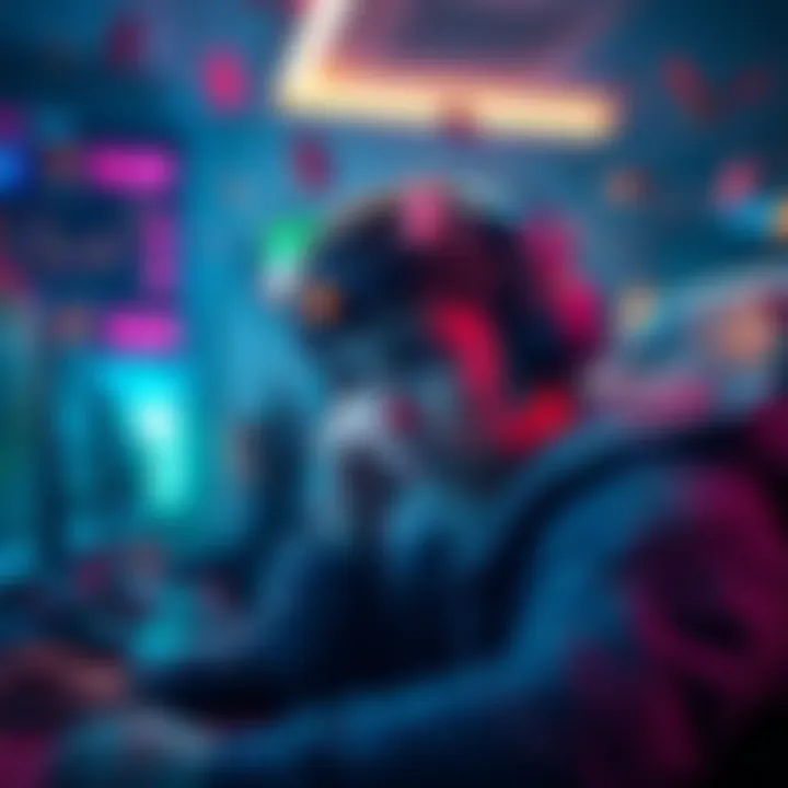 A gamer looking worried while staring at a screen, thinking about closing their account due to excessive gaming, with monetary symbols around them.