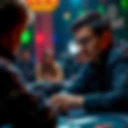 Player contemplating a call against aggressive player A focused player considering his options in a poker game, analyzing the aggressive opponent who frequently bluffs.