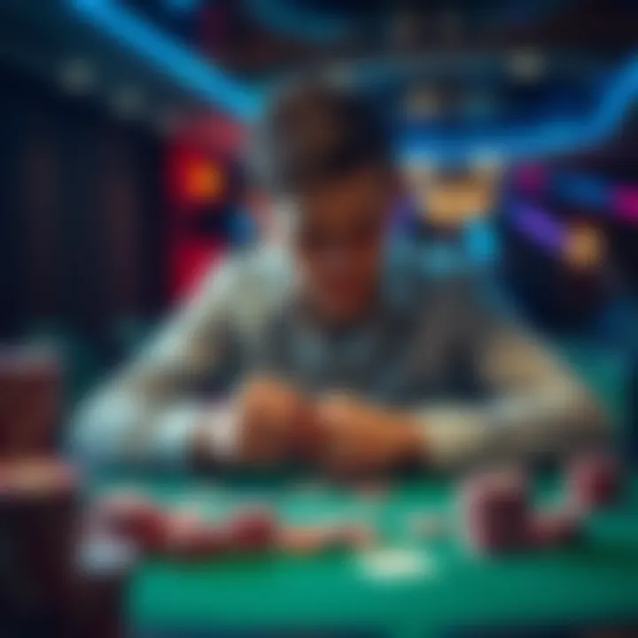 Player counting cards at a table A frustrated player sits at a card table, looking at his chips with a worried expression after losing money while attempting to count cards.