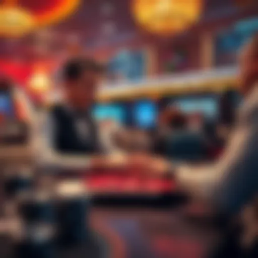 Player and Dealer Interaction at Casino Table A player and dealer interact at a casino table, discussing bets and game rules.