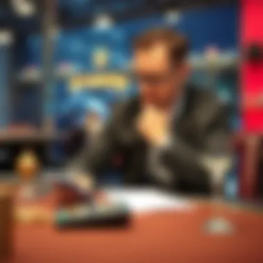 A player sitting at a table, thinking about whether to stop or continue after winning money, looking at a calculator and notes.