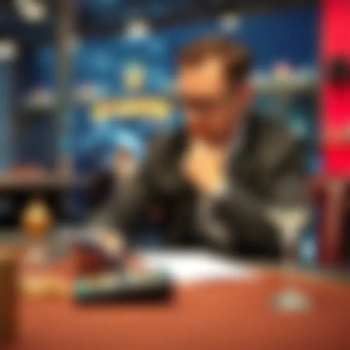 A player sitting at a table, thinking about whether to stop or continue after winning money, looking at a calculator and notes.