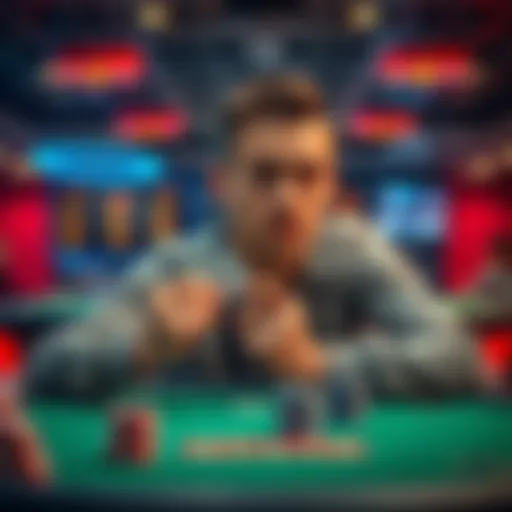 A person sitting at a gaming table, looking thoughtful while holding playing cards, deciding between following a strategy or trusting their gut feeling.
