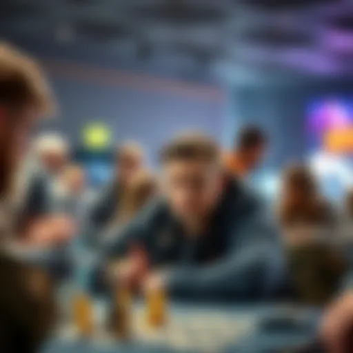 Player Disrupted by Loud Conversation A player at a game table looks frustrated as nearby players engage in loud discussion, disrupting the gaming atmosphere.