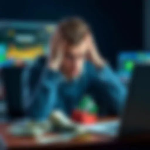 A man with a worried expression sits at a desk with his head in his hands, surrounded by bills and a laptop showing a gambling website.