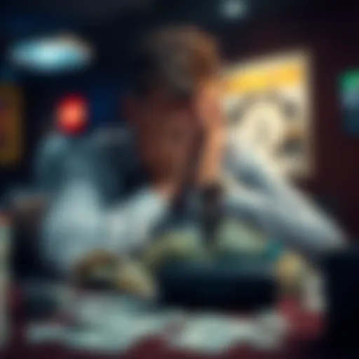 A man sits at a table with his head in his hands, surrounded by bills and an empty wallet, showing his despair from gambling losses.