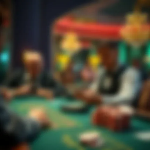 A player at a casino table doubling their bets on a bust card while the dealer looks on, surrounded by cheerful players.