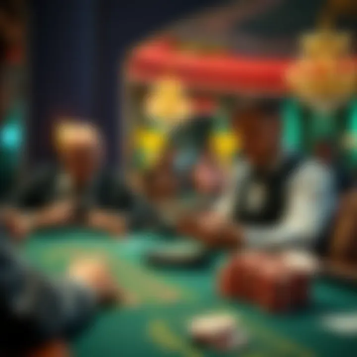 A player at a casino table doubling their bets on a bust card while the dealer looks on, surrounded by cheerful players.