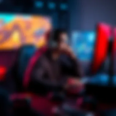 A gamer sitting at a desk looking thoughtfully at a computer screen, analyzing strategies for early game exit, surrounded by gaming paraphernalia.