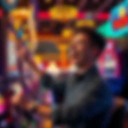 A game player excitedly celebrates a win at the casino, surrounded by slot machines and bright lights.