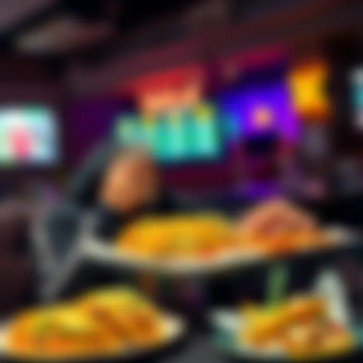 A person sitting at a table with tacos, looking excited as they check their bets on a phone, surrounded by a lively atmosphere.