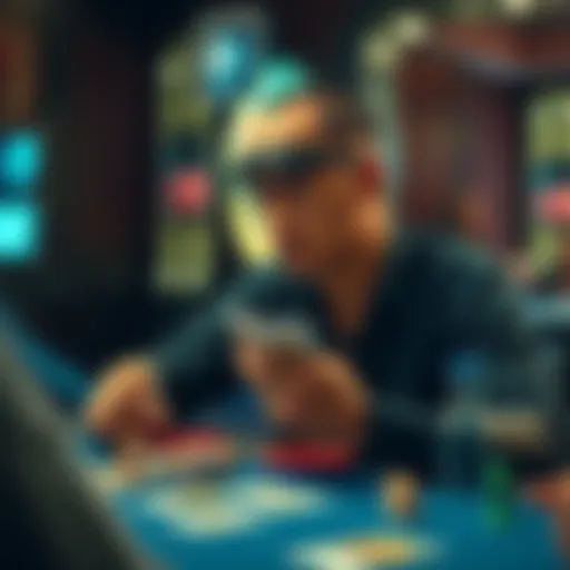 A player sits at a gaming table, reflecting on strategy decisions with cards in hand and a focused expression.
