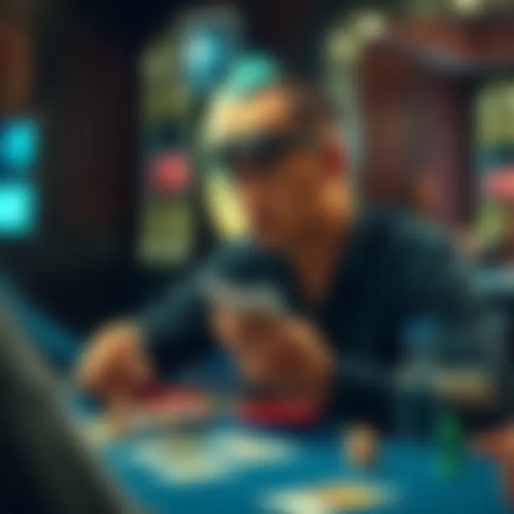 A player sits at a gaming table, reflecting on strategy decisions with cards in hand and a focused expression.