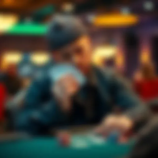 A player looking at weak hole cards while sitting at a poker table, contemplating their next move.