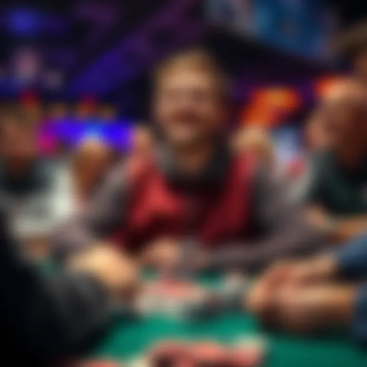 A focused player celebrating a successful placement at the final poker table, surrounded by chips and fellow competitors.