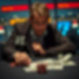 A person sitting alone at a table with bills and a poker chip, looking thoughtful and concerned about their financial situation.