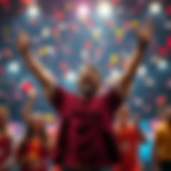 A joyful player with arms raised in excitement after winning a big prize, surrounded by confetti and friends