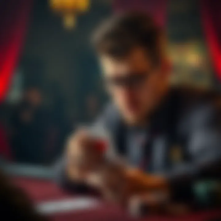 A focused player looking at their hand of cards, contemplating whether to fold or continue playing.